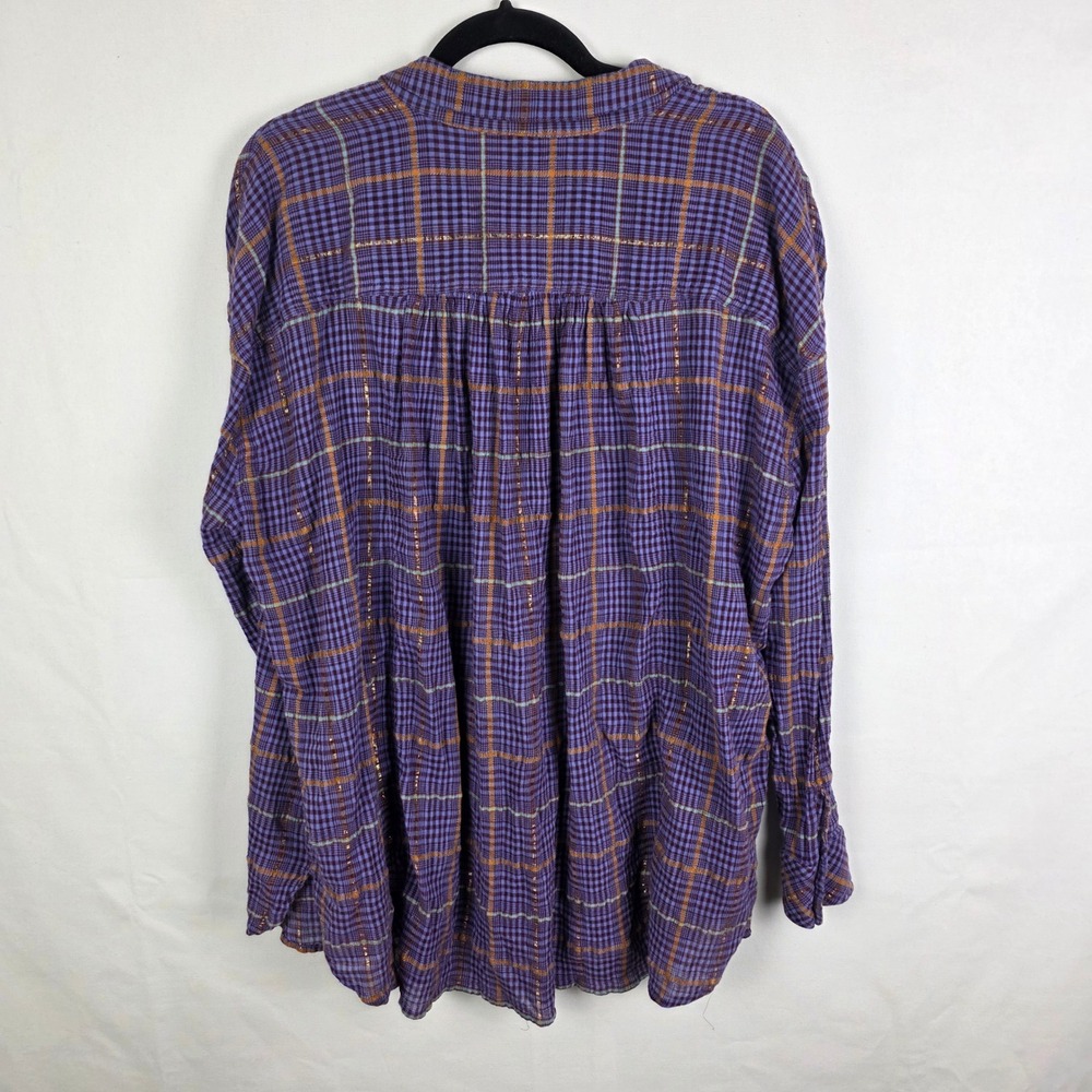 Free People Purple Plaid Metallic Button Down Shirt Oversized Large OB1029279 - Picture 3 of 7